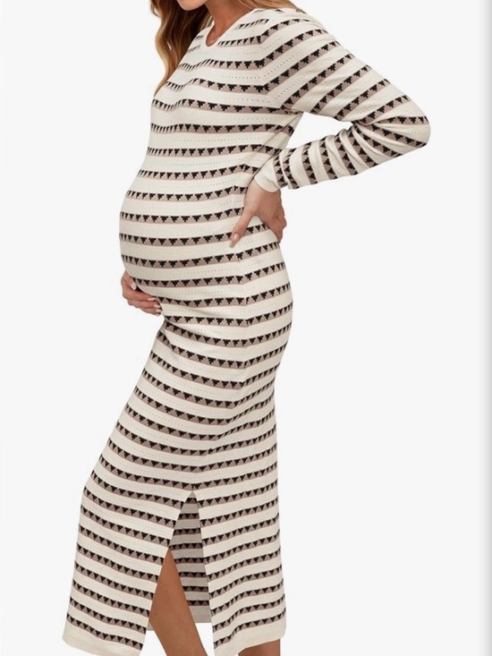OUGES Dresses & Skirts - Maternity Long Sleeve Striped Maxi Dress in Cream & Black